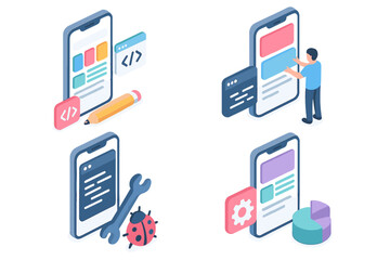 App development 3d isometric icon set. Mobile programming process, UI UX interface layout creation, coding, fixing bugs, analytics. Web design vector illustration concept.
