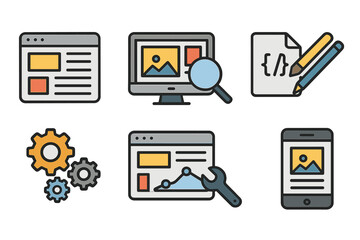 Flat conceptual icons set of web design and development. Vector symbols for UI, UX, coding, SEO, analytics, and mobile responsive design. Website creation process.