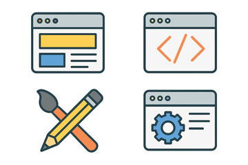 Flat icon set for web design and development. Vector graphic for UI UX design, coding, programming, and website creation. Frontend backend symbols for app and web interface.