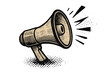 © Hanna - Megaphone vector announcement concept. Halftone comic style bullhorn icon. Retro loudspeaker for news, sales, marketing. Communication, attention and protest symbol.
