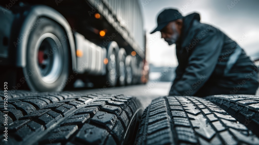 Truck driver conducts quick visual inspection of tires at transport ...