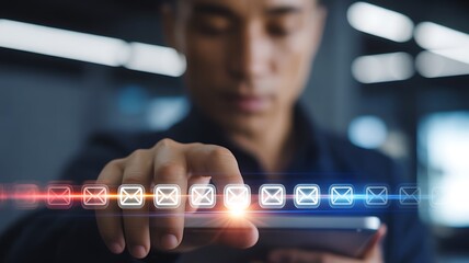 email marketing focus asian professional man using a mobile device to manage digital messages and da