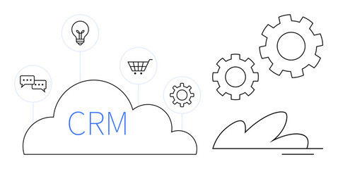 Wall Mural - CRM platform in a cloud with speech bubbles, lightbulb, shopping cart, gears representing automation. Ideal for technology, business strategy, workflow, productivity, collaboration data management