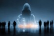 © MnDesign03 - Double exposure of a hooded figure superimposed over a city skyline hacker anonymous
