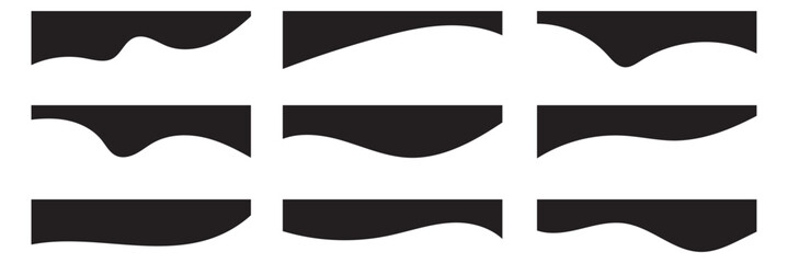 Collection of dividers shape templates. Modern separator header for website and app. Curve lines, wave collection of abstract design element for top and bottom page web site. Black Color Curved shape.