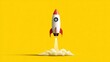 © Intach - Rocket soaring upward in yellow space, creative thinking and innovation theme, minimal flat composition