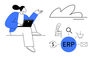 Wall Mural - Person using a laptop next to cloud and blue ERP diagram with icons for factory, shopping, email, and search. Ideal for business processes, productivity, technology, data management, innovation