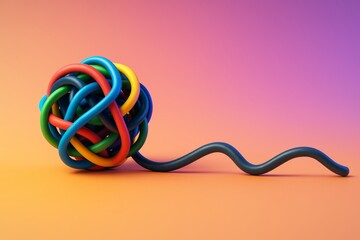 Wall Mural - Colorful tangled cables forming a ball with one trailing wire on smooth gradient background in abstract style with soft light and minimal concept focus. Ai generative
