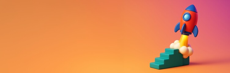 Wall Mural - Cartoon rocket launching from stairs with smoke on vibrant orange background, creative concept with copyspace for startup or innovation themes. Ai generative