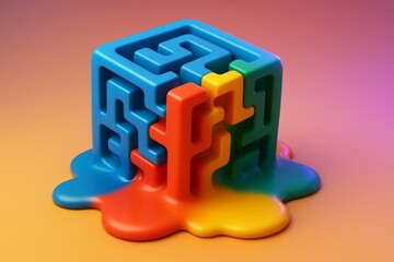 Wall Mural - Abstract colorful melting cube in maze style on gradient light background with smooth flowing shapes and playful vibrant design concept. Ai generative
