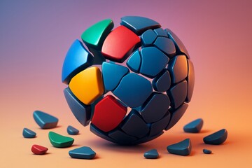Wall Mural - Abstract colorful geometric sphere breaking apart on smooth gradient background, symbolizing fragmentation and complexity in modern design concept. Ai generative