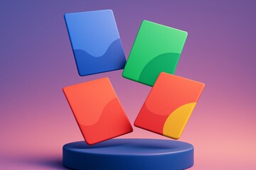 Wall Mural - Colorful abstract cards floating above a platform on gradient background with smooth lighting and minimal creative style graphics. Ai generative