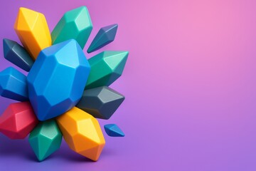 Wall Mural - Colorful crystal cluster with geometric shapes on gradient purple pink background, digital graphics design for abstract concept visuals. Ai generative