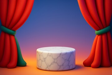 Wall Mural - Marble podium on colorful stage with red curtains and dramatic lighting for product display or advertising mockup background template. Ai generative