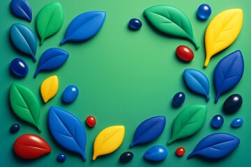 Wall Mural - Colorful abstract leaves and berries arranged in a circular frame on green background for nature-themed design or copyspace concept template mockup. Ai generative