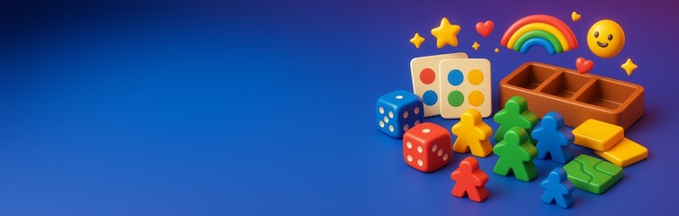 Wall Mural - Colorful board game pieces with dice and cards placed on right side over blue background with empty copy space for design or hobby presentation. Ai generative