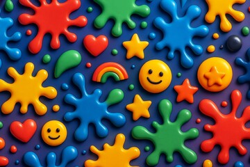 Wall Mural - Colorful abstract background with playful smiley faces, stars, hearts, and splashes in vibrant hues on dark surface. Ai generative. Ai generative