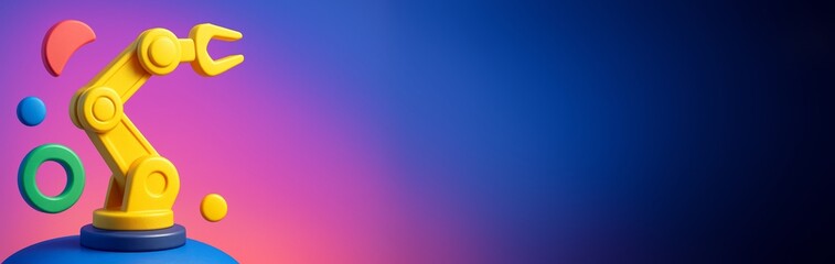 Wall Mural - Colorful robotic arm with geometric shapes on gradient background and empty copyspace for clean industry design or promotional banner template. Ai generative