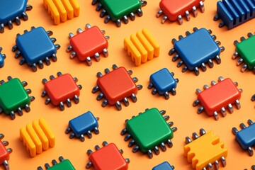 Wall Mural - Colorful abstract computer chip shapes arranged in seamless pattern on light orange background with playful digital style and vibrant lighting effect. Ai generative