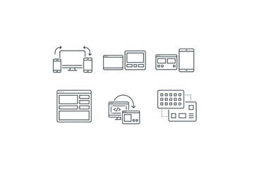 Web development and responsive design line icon set. UI UX symbols for website and mobile application. Wireframe, layout, coding, programming, sync, cross-platform vector.