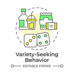 Wall Mural - Variety-seeking behavior multi color concept icon. Brand awareness, reputation. Food, snacks. Round shape line illustration. Abstract idea. Graphic design. Easy to use in infographic, article
