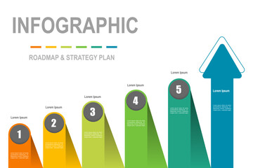 Wall Mural - For business concept with 5 steps infographics, multicolor rectangle shape with increasing arrow, design for workflow layout, diagram, annual report, web design. vector illustration