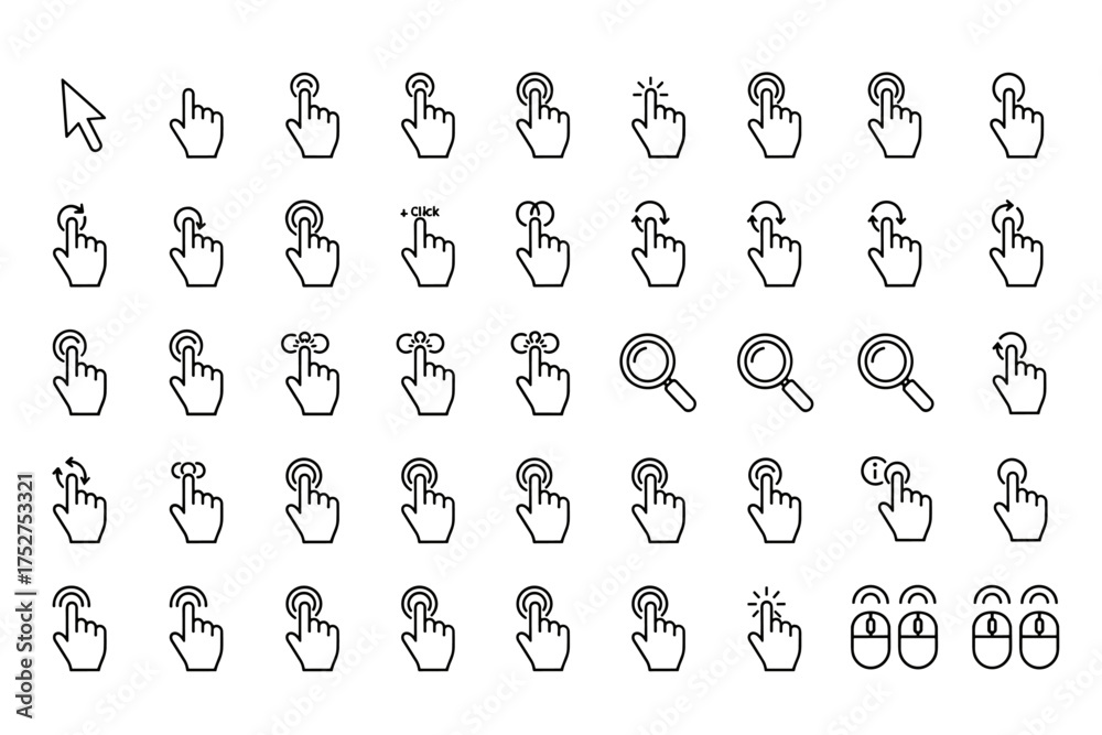 Big vector line icon set of computer mouse cursors and hand gestures ...