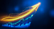 © Celt Studio - Glowing golden arrow moving up over financial stock market graph on blue background, business growth, investment success and profit concept illustration