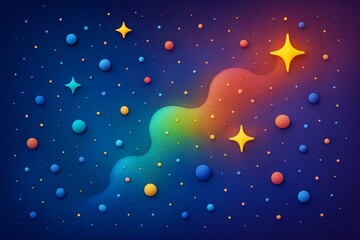 Wall Mural - Abstract colorful science-themed background with 3D-like spheres and stars on a dark gradient backdrop representing cosmic light and space. Ai generative