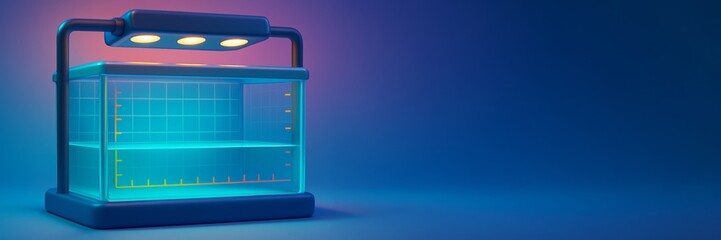Wall Mural - Futuristic illuminated scientific container with glowing grid lines and measurement scales set against a smooth gradient background with copyspace. Ai generative
