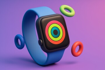 Wall Mural - Smartwatch with colorful fitness rings and blue band floating among 3D rings on purple gradient background illustrating modern technology concept. Ai generative