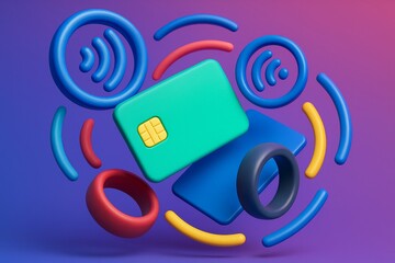 Wall Mural - Abstract contactless payment mockup with colorful 3D shapes and card on vibrant gradient background for branding or presentation concept. Ai generative