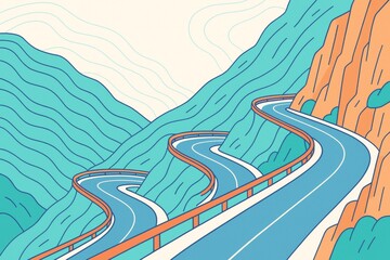 Wall Mural - Winding mountain road with bright orange guardrails and turquoise hills in abstract creative style on light background. Ai generative. Ai generative