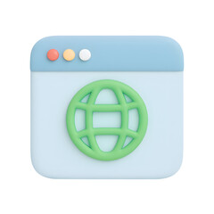 3D browser window icon, web page with green globe symbol, isolated on transparent background