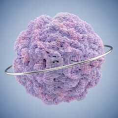 Wall Mural - A captivating abstract sphere composed of tiny pink and purple cubes, encircled by a silver ring, set against a soft blue backdrop