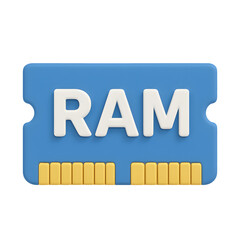 3D ram memory icon, blue computer chip module with connectors, isolated on transparent background
