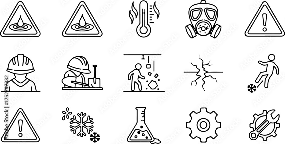 Collection of safety and warning icons for industrial and hazard ...