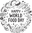 © Sagar - World Food Day vector in black and white with circular food icons and bold awareness typography
