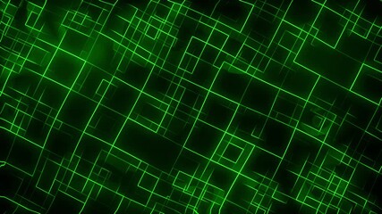 Wall Mural - Glowing neon line work with rotating squares animation on dark gradient background dynamic motion graphics and visual effects seamless modern design lighting movement colours lime green