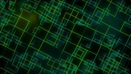 Wall Mural - Glowing neon line work with rotating squares animation on dark gradient background dynamic motion graphics and visual effects seamless modern design lighting movement colours green cyan teal
