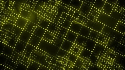 Wall Mural - Glowing neon line work with rotating squares animation on dark gradient background dynamic motion graphics and visual effects seamless modern design lighting movement colours golden yellow