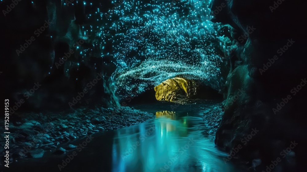 The interior of the glowworm cave in , the ceiling covered in a galaxy ...
