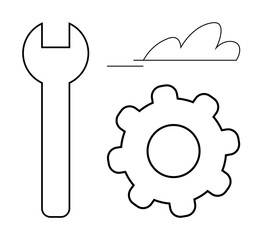 Wall Mural - Wrench, gear, and cloud outline symbolizing tools, mechanical setup, cloud solutions, customization, and system management. Ideal for repair technical service cloud computing. Simple flat metaphor
