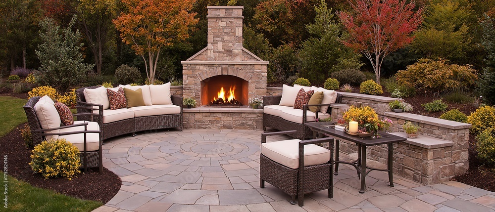 Outdoor stone fireplace with sofa seating on stone-paved backyard patio ...