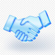 © Vectorman2017 - 3D blue glass handshake icon symbolizing partnership, agreement, teamwork, trust, and cooperation on transparent background. Perfect for business and corporate design concepts. Vector illustration.