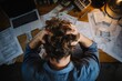 © Rifqi - Overhead shot of stressed man with head in hands at cluttered desk covered in bills and laptop, concept for financial difficulties, small business challenges and debt management