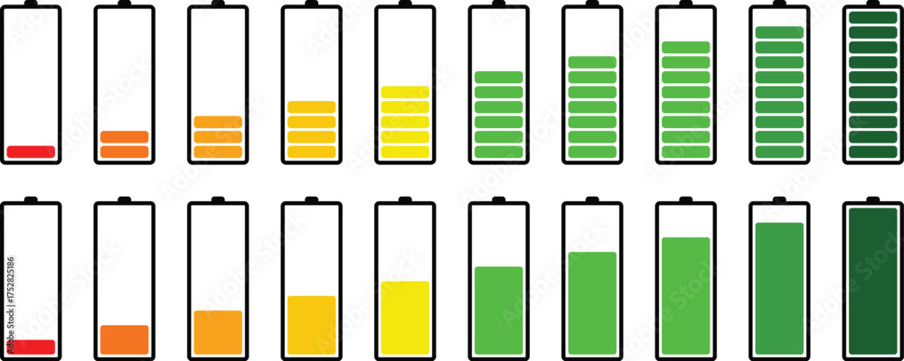 Set of 20 colorful battery charge flat icons, battery level indicators ...