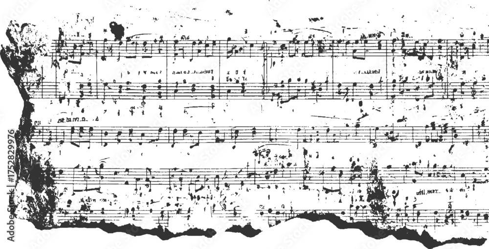 Torn sheet music with black musical notation on a white background ...