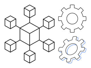 Wall Mural - Geometric network of eight cubes connected in a hub-and-spoke pattern with two gears symbolizing teamwork and process efficiency. Ideal for innovation, process management, mechanics, strategy