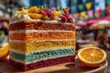 © SaroStock - Rainbow layer cake with frosting decorations sits on beige plate during the day